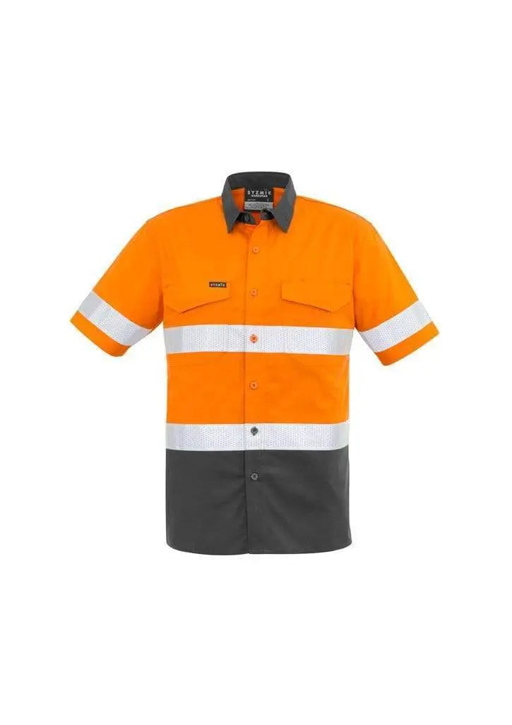 SYZMIK Men’s Rugged Cooling Taped Hi-Vis Spliced S/S Shirt ZW835 Work Wear Syzmik Orange/Charcoal XXS
